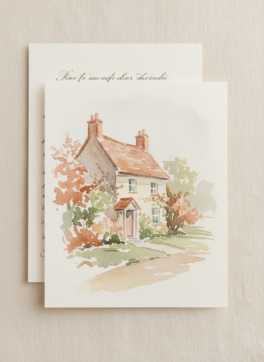 A flat lay photograph styled like fine art stationery. A loose, expressive watercolour painting on thick cream textured paper sits slightly overlapping a handwritten letter on similar cream paper behind it. The watercolour painting depicts a charming cottage house with a soft garden, painted in warm blush pinks, dusty roses, warm terracotta, sage green and cream tones — the palette of a sophisticated, feminine watercolour artist. The painting style is painterly and gestural, not overly detailed. The background is a soft warm off-white linen or paper surface. The overall mood is warm, elegant, artistic and personal. Natural soft light, no shadows, no clutter.