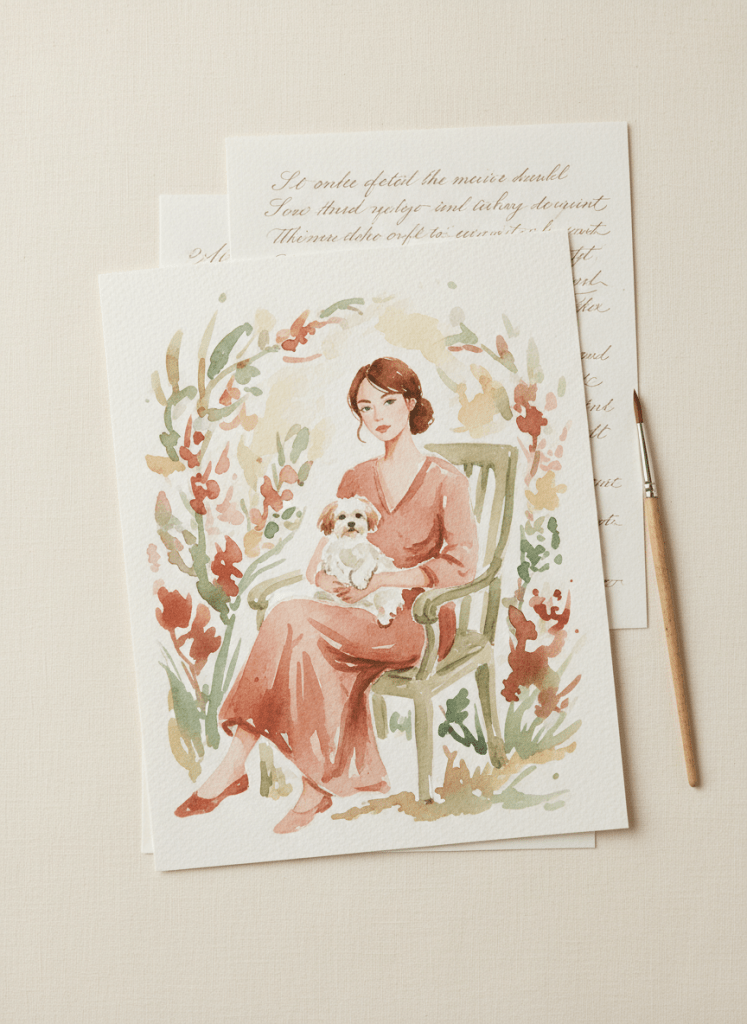 A flat lay styled like fine art stationery. A loose, expressive watercolour painting on thick cream textured paper sits angled slightly, revealing a handwritten letter on similar cream paper tucked behind it. The watercolour painting depicts a woman sitting in a garden chair with a small dog or cat on her lap, painted in warm blush pinks, dusty roses, warm terracotta, sage green and cream tones — the palette of a sophisticated, feminine watercolour artist. The painting style is painterly and gestural, not overly detailed. A fine paintbrush rests casually to the side of the painting. The background is a soft warm off-white linen or paper surface. The overall mood is warm, elegant, artistic and personal. Natural soft light, no heavy shadows, no clutter.