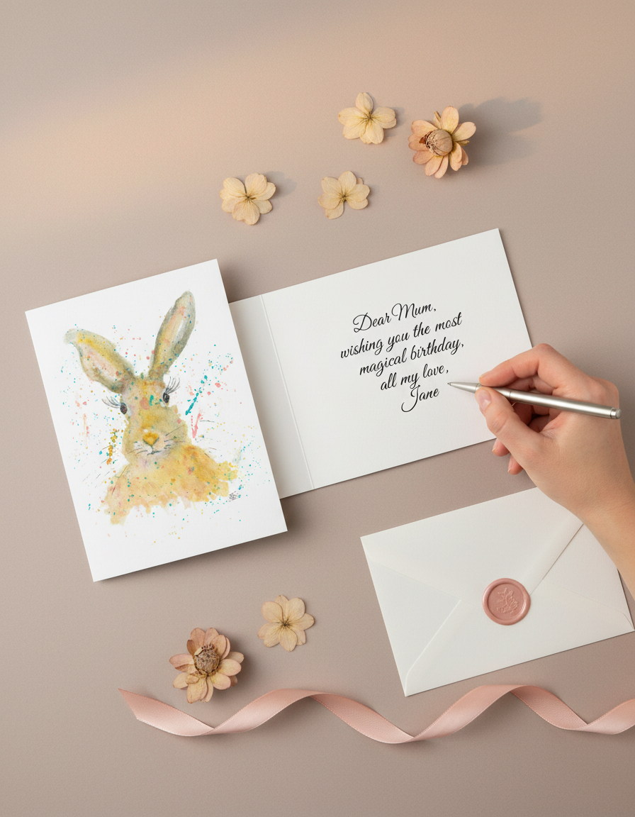 A beautiful flat lay on a soft warm grey-blush matte surface. On the left, the exact Hare Front watercolour card is placed face up — a white 5x7 portrait card showing a loose expressive watercolour hare with golden yellow, teal and blush pink paint splatters, exactly as in the reference image (attachment id 1747). To the right of it, a white portrait-format folded greeting card is held open — the fold runs vertically down the left side of the card, the left panel leans back slightly, and the right panel faces up flat. A real woman's hand holding a silver ballpoint pen is writing in flowing cursive on the right panel: "Dear Mum, wishing you the most magical birthday, all my love, Jane". The card looks exactly like the reference photo of the open folded card — realistic, photographic. Around the scene: a few dried pressed flowers in pale blush and cream, a pale pink satin ribbon loosely curled, a white envelope with a small blush wax seal nearby. Warm natural light from above. Elegant, warm, personal. Photorealistic. No heavy shadows, no clutter.